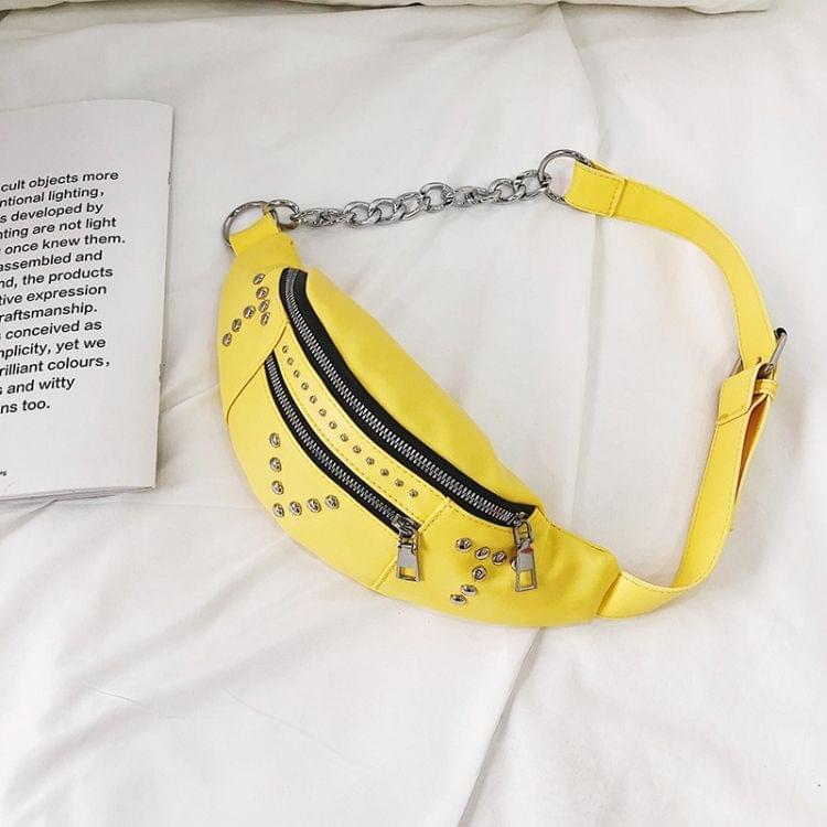 Fashion Rivet PU Single Shoulder Bag Zipper Ladies Messenger Bag Chest Waist Pockets Bag (Yellow)