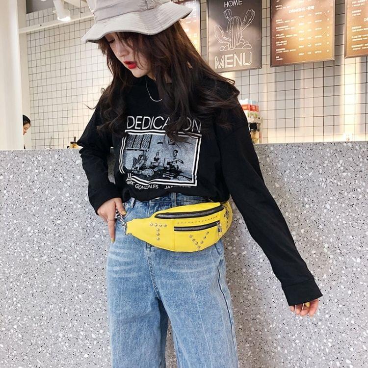 Fashion Rivet PU Single Shoulder Bag Zipper Ladies Messenger Bag Chest Waist Pockets Bag (Yellow)