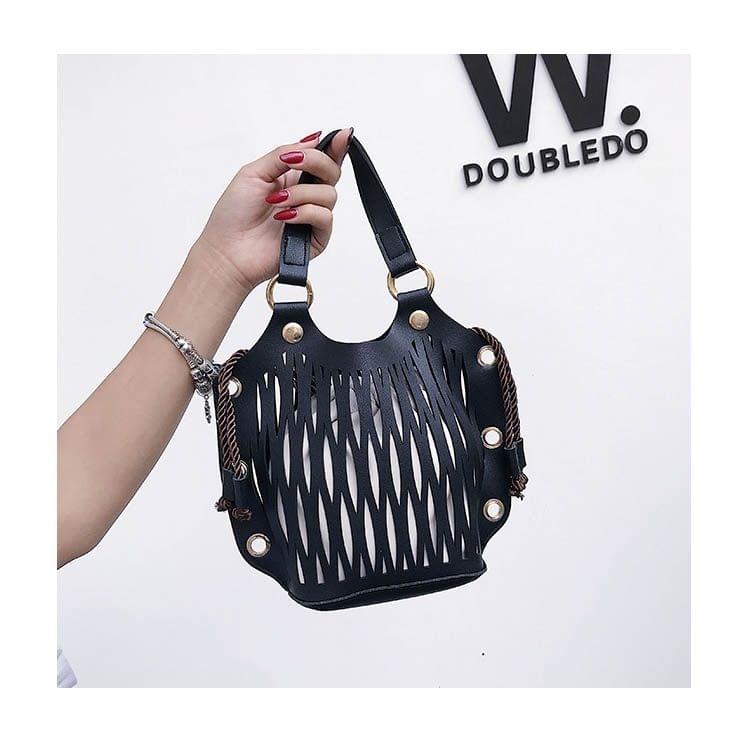 Fashion Hollow 2 in 1 PU Leather Chain Strap Shoulder Bag Ladies Handbag Messenger Bag (Black)