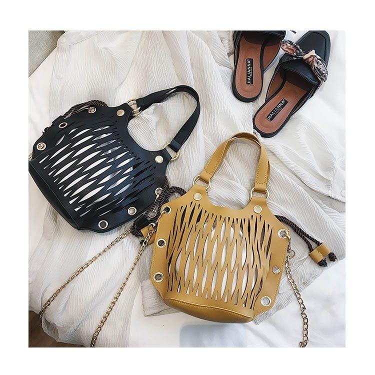 Fashion Hollow 2 in 1 PU Leather Chain Strap Shoulder Bag Ladies Handbag Messenger Bag (Black)