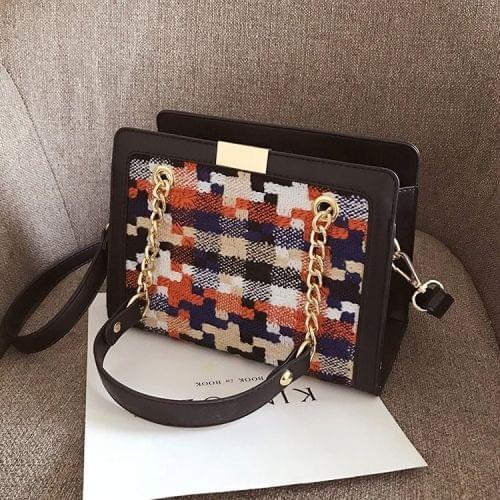 Cloth Lattice PU Leather Single Shoulder Bag Ladies Handbag Messenger Bag (Black)
