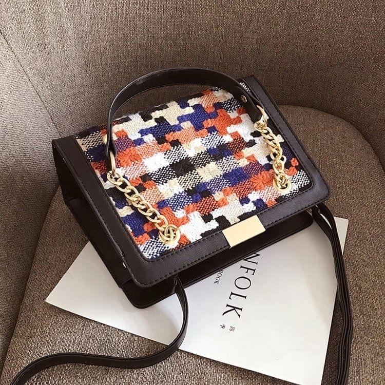 Cloth Lattice PU Leather Single Shoulder Bag Ladies Handbag Messenger Bag (Black)