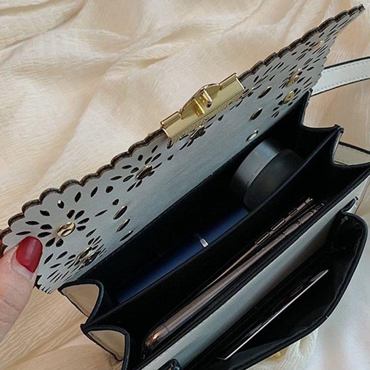 Lock Buckle Openwork Side Pearl Rivets PU Leather Single Shoulder Bag Ladies Handbag Messenger Bag (Green)