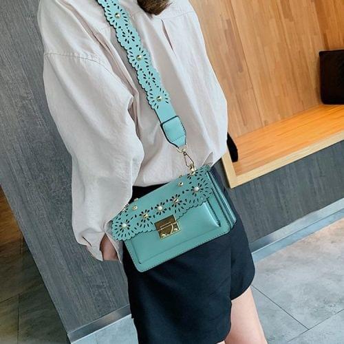 Lock Buckle Openwork Side Pearl Rivets PU Leather Single Shoulder Bag Ladies Handbag Messenger Bag (Green)