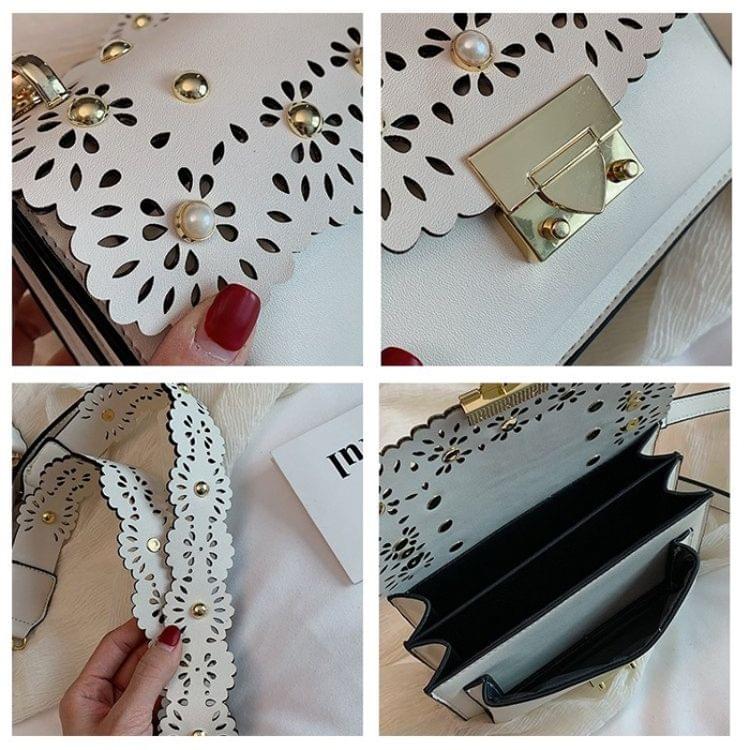 Lock Buckle Openwork Side Pearl Rivets PU Leather Single Shoulder Bag Ladies Handbag Messenger Bag (Green)