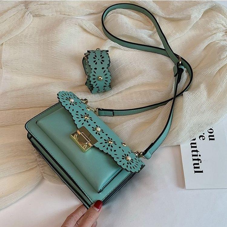 Lock Buckle Openwork Side Pearl Rivets PU Leather Single Shoulder Bag Ladies Handbag Messenger Bag (Green)