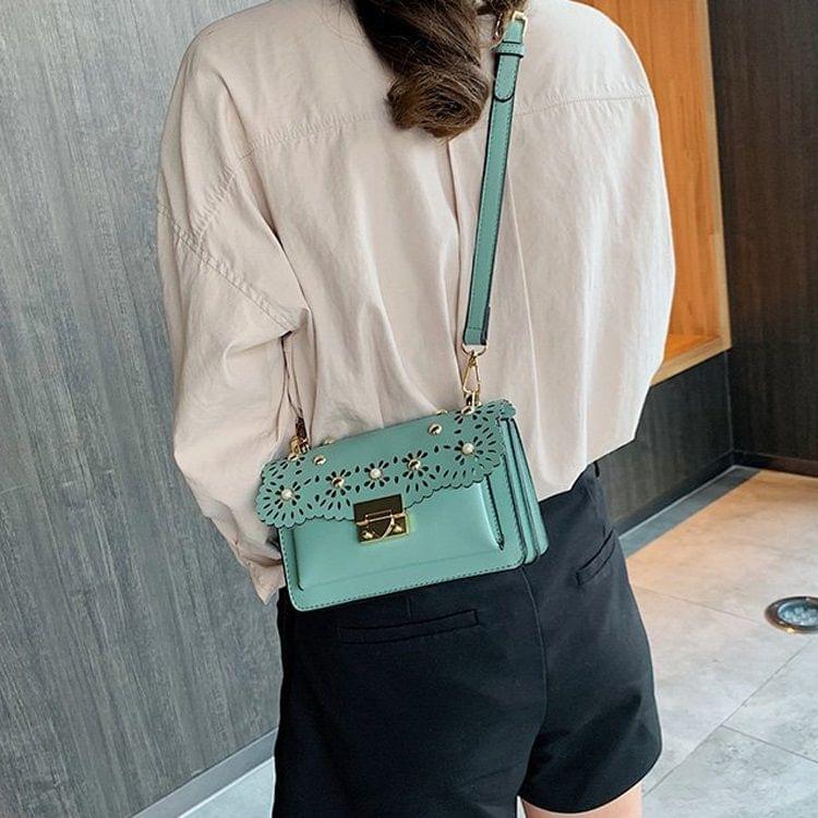 Lock Buckle Openwork Side Pearl Rivets PU Leather Single Shoulder Bag Ladies Handbag Messenger Bag (Green)