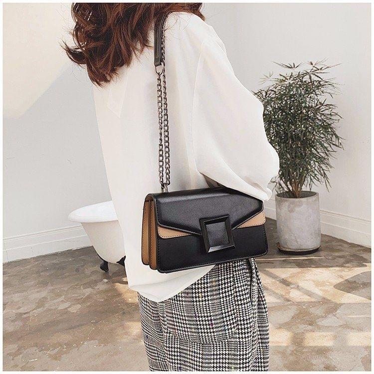 Color Matching Small Square Bag Handbag Single Shoulder Bag Messenger Bag (Black)