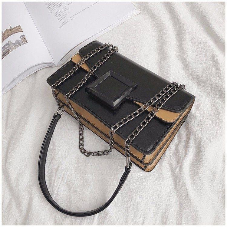 Color Matching Small Square Bag Handbag Single Shoulder Bag Messenger Bag (Black)
