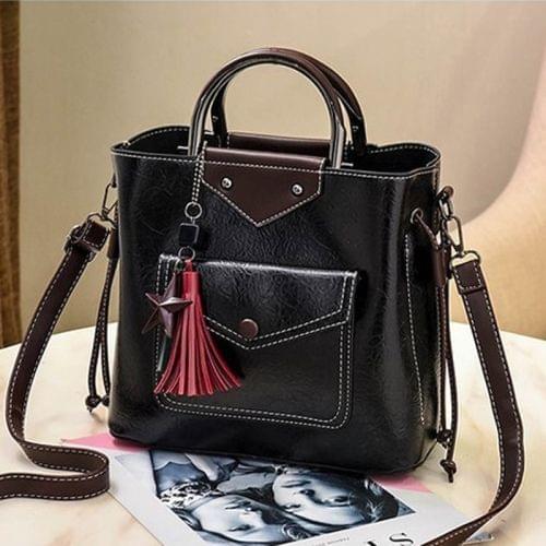 Leisure Fashion PU Slant Shoulder Bag Tassel Bucket Bag Handbag(Black)