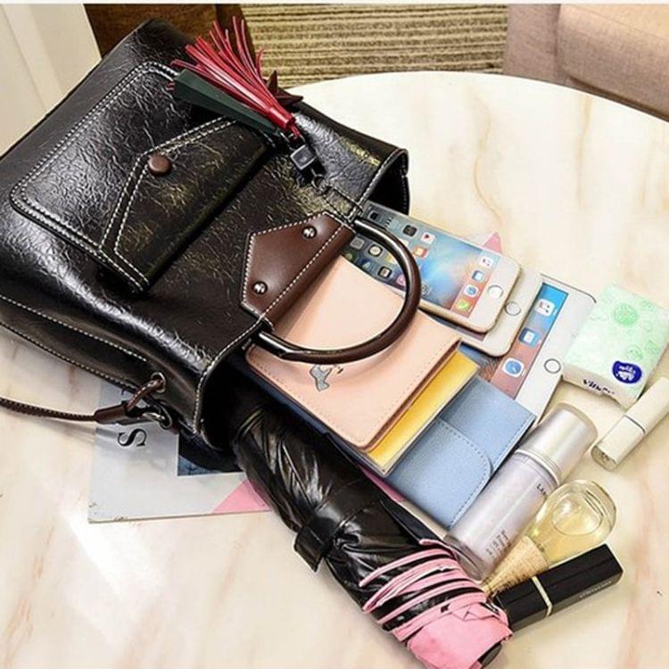Leisure Fashion PU Slant Shoulder Bag Tassel Bucket Bag Handbag(Black)