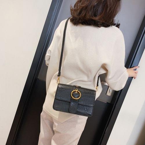 Belt Buckle Crocodile Texture PU Leather Single Shoulder Bag Ladies Handbag Messenger Bag (Black)