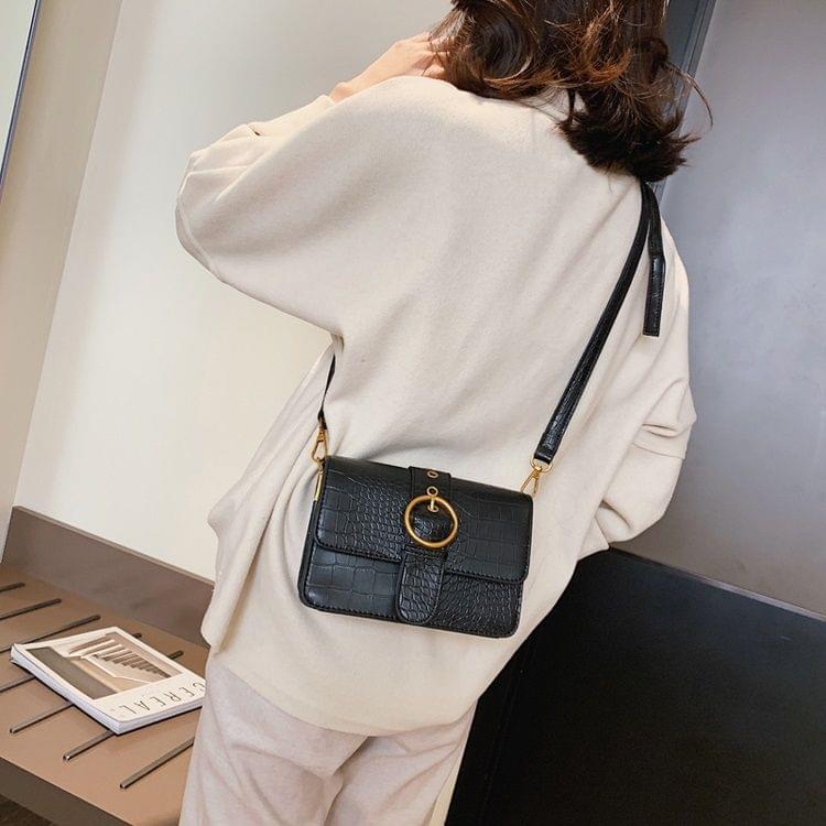 Belt Buckle Crocodile Texture PU Leather Single Shoulder Bag Ladies Handbag Messenger Bag (Black)
