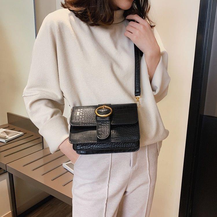 Belt Buckle Crocodile Texture PU Leather Single Shoulder Bag Ladies Handbag Messenger Bag (Black)