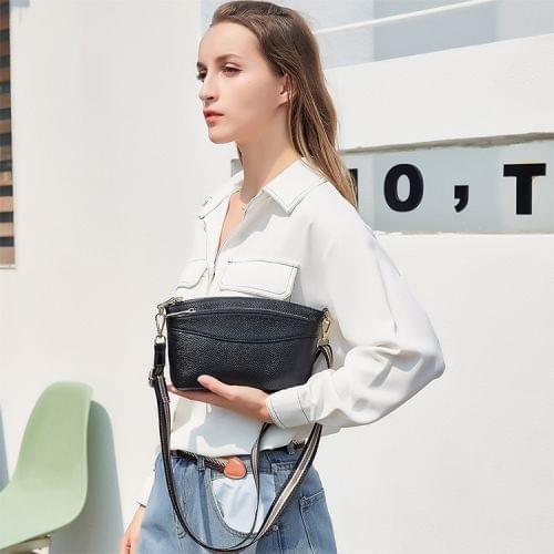 6025 Casual Litchi Texture Soft Face Genuine Leather Shoulder Shell Shape Bag for Ladies(Black)