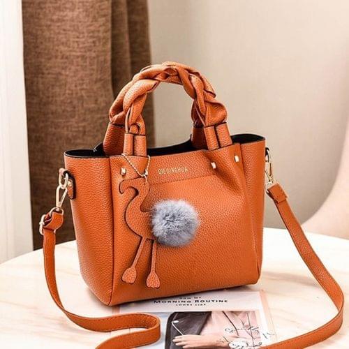 Leisure Fashion PU Slant Shoulder Bag Handbag with Plush Ball(Yellow)