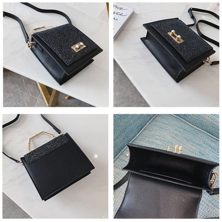 Pearl Buckle Glitter PU Leather Single Shoulder Bag Ladies Handbag Messenger Bag (Black)