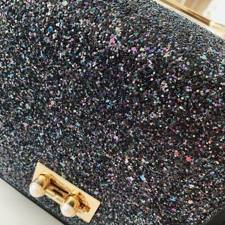 Pearl Buckle Glitter PU Leather Single Shoulder Bag Ladies Handbag Messenger Bag (Black)