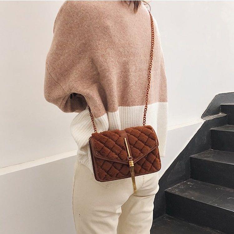Tassel Plush Chain-strap Single Shoulder Bag Ladies Handbag Messenger Bag (Brown)