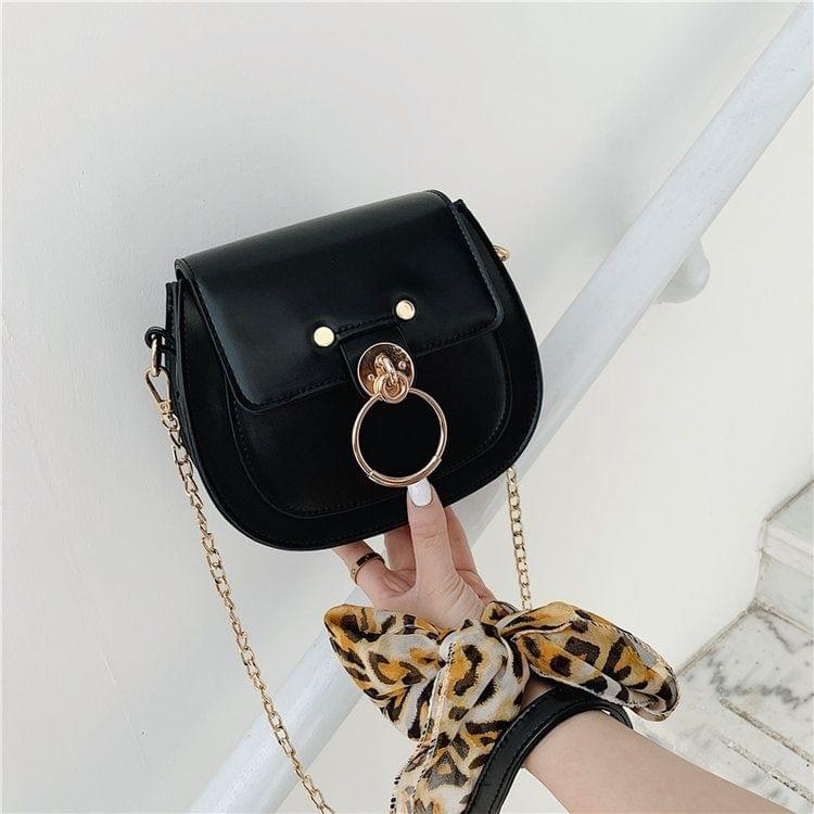 Scarf Small Ring Lock Buckle PU Leather Chain Single Shoulder Bag Ladies Handbag Messenger Bag (Black)