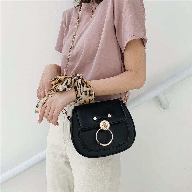 Scarf Small Ring Lock Buckle PU Leather Chain Single Shoulder Bag Ladies Handbag Messenger Bag (Black)