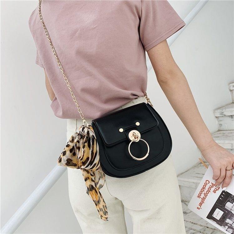 Scarf Small Ring Lock Buckle PU Leather Chain Single Shoulder Bag Ladies Handbag Messenger Bag (Black)