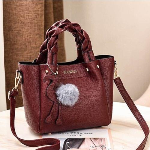 Leisure Fashion PU Slant Shoulder Bag Handbag with Plush Ball(Wine Red)
