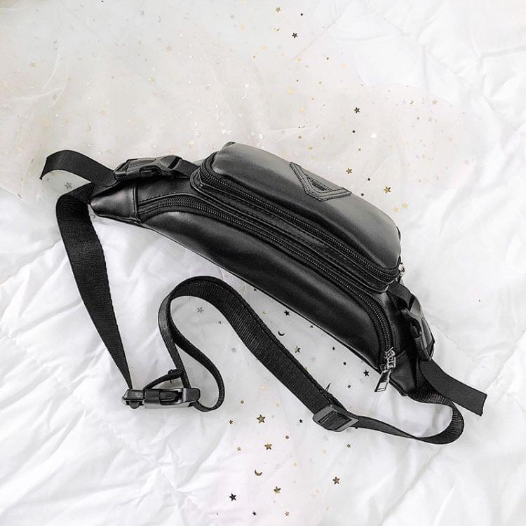 Fashion Solid Color Letter A PU Single Shoulder Bag Zipper Messenger Bag Casual Waist Chest Pockets Bag (Black)