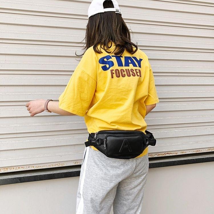 Fashion Solid Color Letter A PU Single Shoulder Bag Zipper Messenger Bag Casual Waist Chest Pockets Bag (Black)