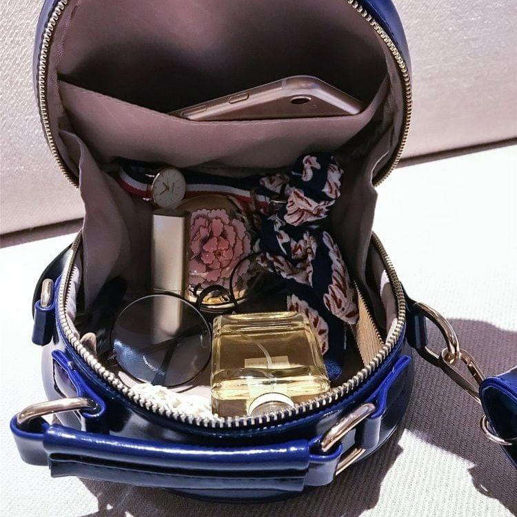 Owl Pattern Contrast Color Patent PU Leather Shoulder Bag Messenger Bag Ladies Handbag Small Round Bag (Blue)