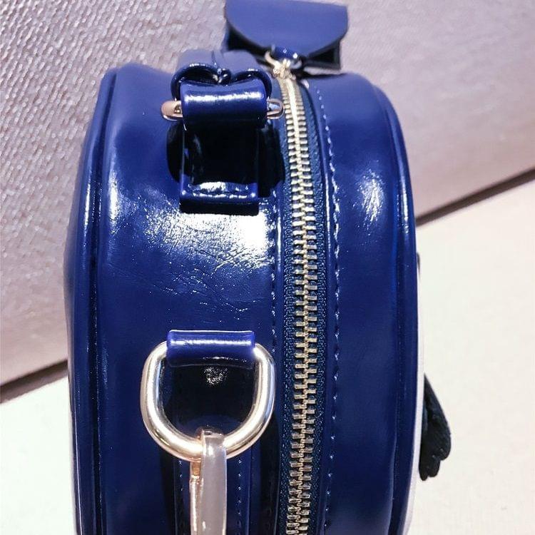 Owl Pattern Contrast Color Patent PU Leather Shoulder Bag Messenger Bag Ladies Handbag Small Round Bag (Blue)