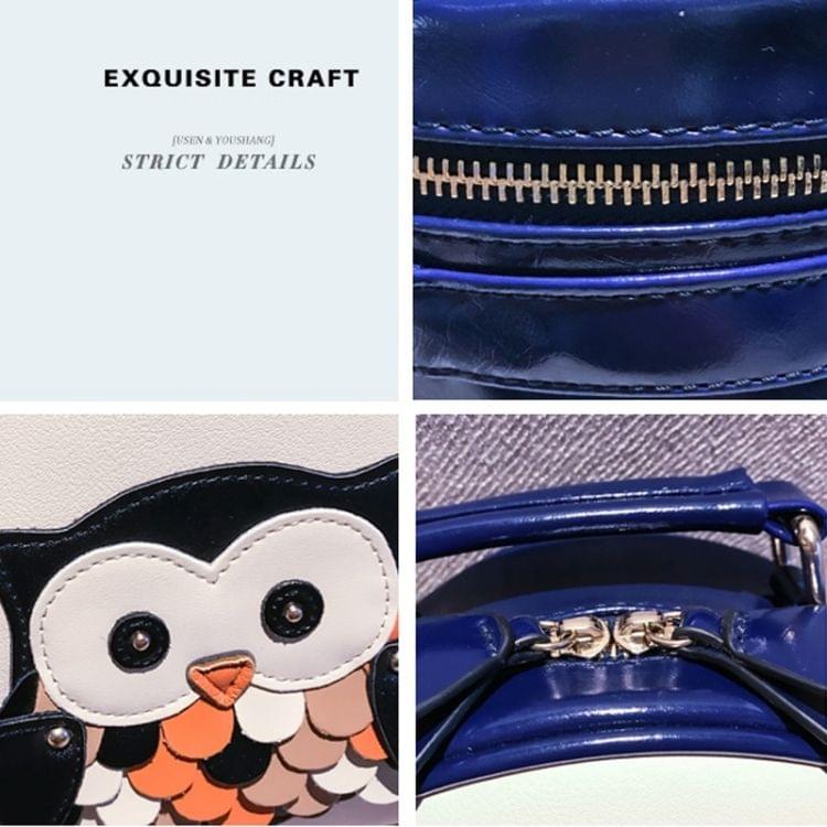 Owl Pattern Contrast Color Patent PU Leather Shoulder Bag Messenger Bag Ladies Handbag Small Round Bag (Blue)