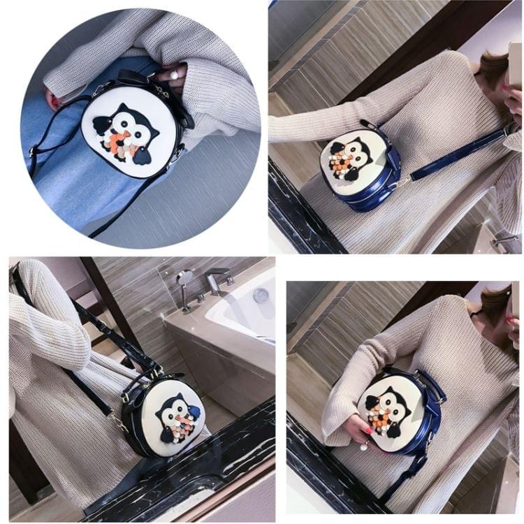 Owl Pattern Contrast Color Patent PU Leather Shoulder Bag Messenger Bag Ladies Handbag Small Round Bag (Blue)