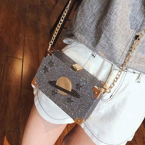 Interstellar Pattern Glitter Powder Box Small Square Bag Single Shoulder Bag Ladies Handbag Messenger Bag (Silver)
