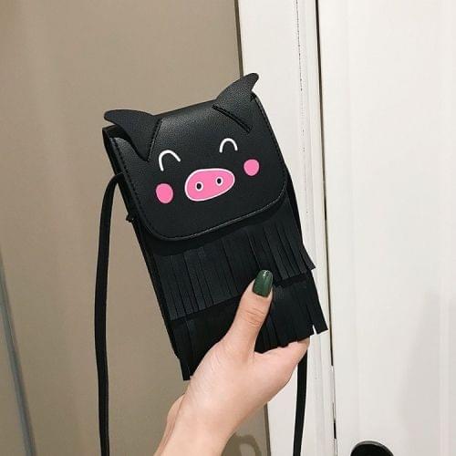 Pig Shape Tassel PU Single Shoulder Bag Cellphone Bag Ladies Messenger Bag (Black)