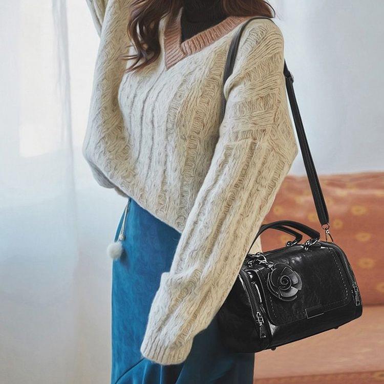 Leisure Fashion Retro Oil Wax Leather Slant Shoulder Bag Handbag(Black)