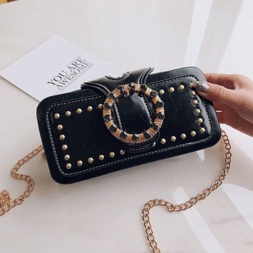 Rivet Clip Shoulder Bag Small Square Bag Ladies Messenger Handbag (Black)