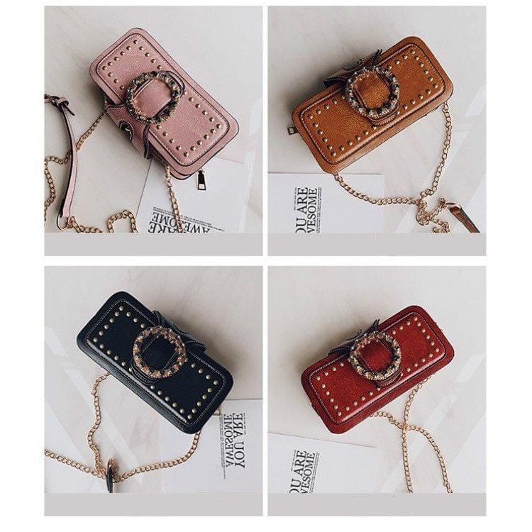 Rivet Clip Shoulder Bag Small Square Bag Ladies Messenger Handbag (Black)