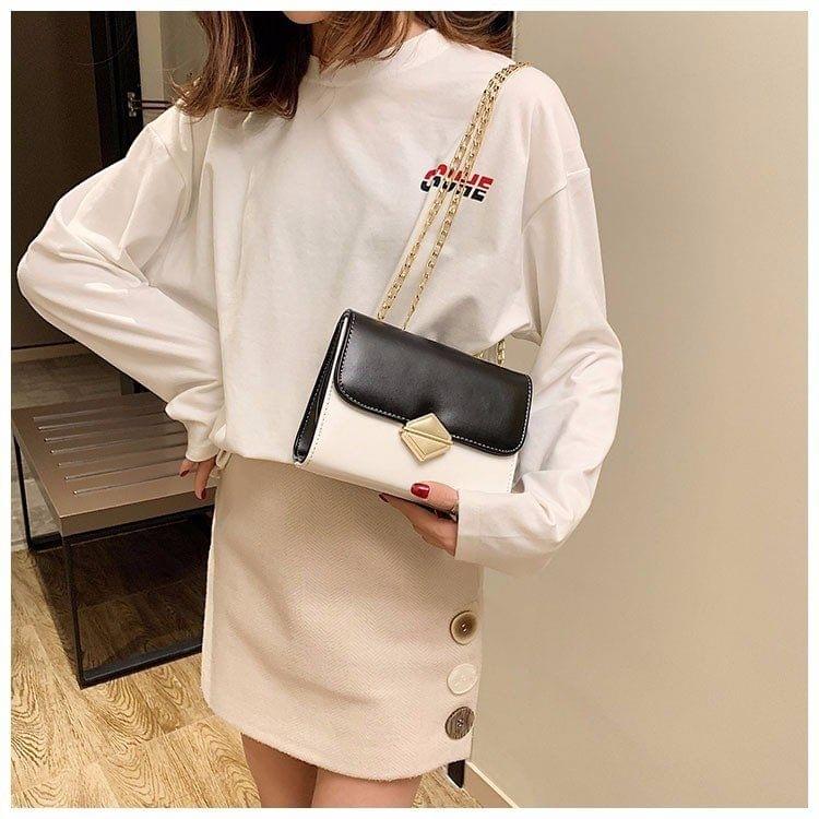 Color Matching Small Square Bag Chain Shoulder Bag Ladies Handbag Messenger Bag (Black)