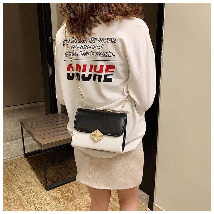 Color Matching Small Square Bag Chain Shoulder Bag Ladies Handbag Messenger Bag (Black)