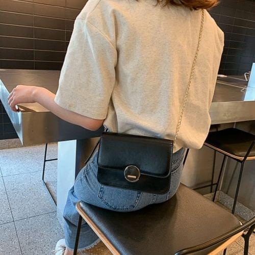 Fashion Solid Color Round Buckle Small Square Bag PU Thin Chain Single Shoulder Bag Ladies Messenger Bag Handbag (Black)