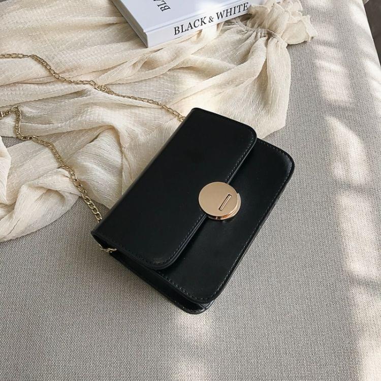 Fashion Solid Color Round Buckle Small Square Bag PU Thin Chain Single Shoulder Bag Ladies Messenger Bag Handbag (Black)