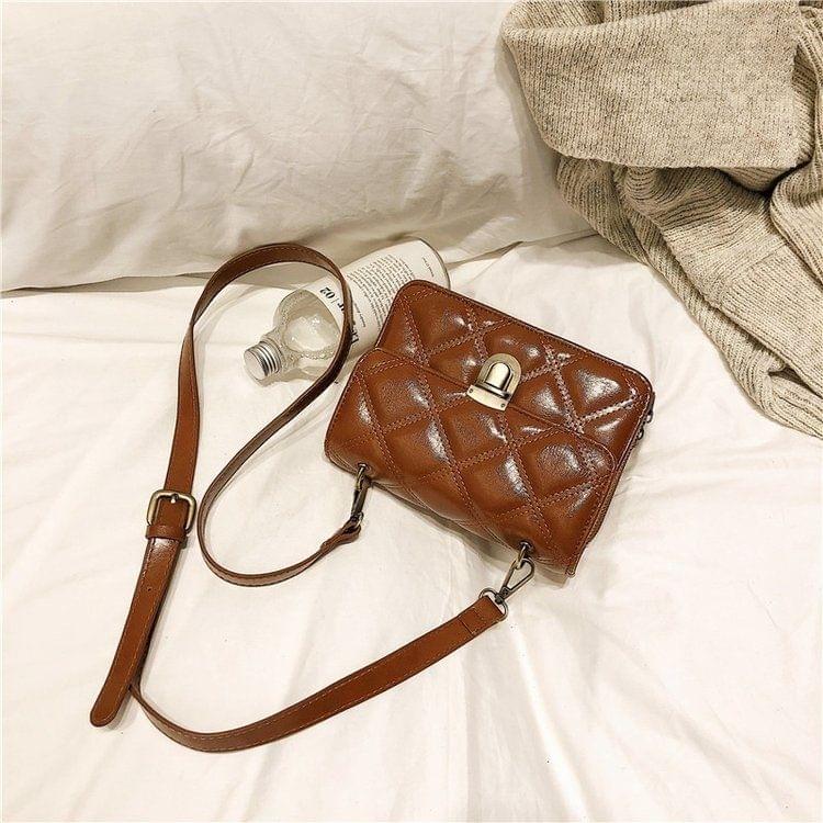 Rhombus Texture Press Buckle PU Leather Single Shoulder Bag Ladies Handbag Messenger Bag (Brown)