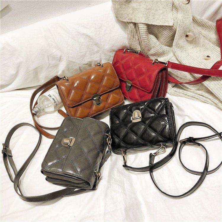 Rhombus Texture Press Buckle PU Leather Single Shoulder Bag Ladies Handbag Messenger Bag (Brown)