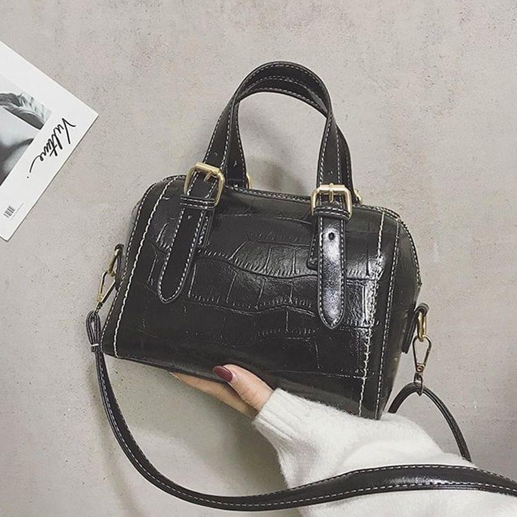 Fashion Shiny PU Leather Small Square Handbag Ladies Shoulder Messenger Bag(Black)