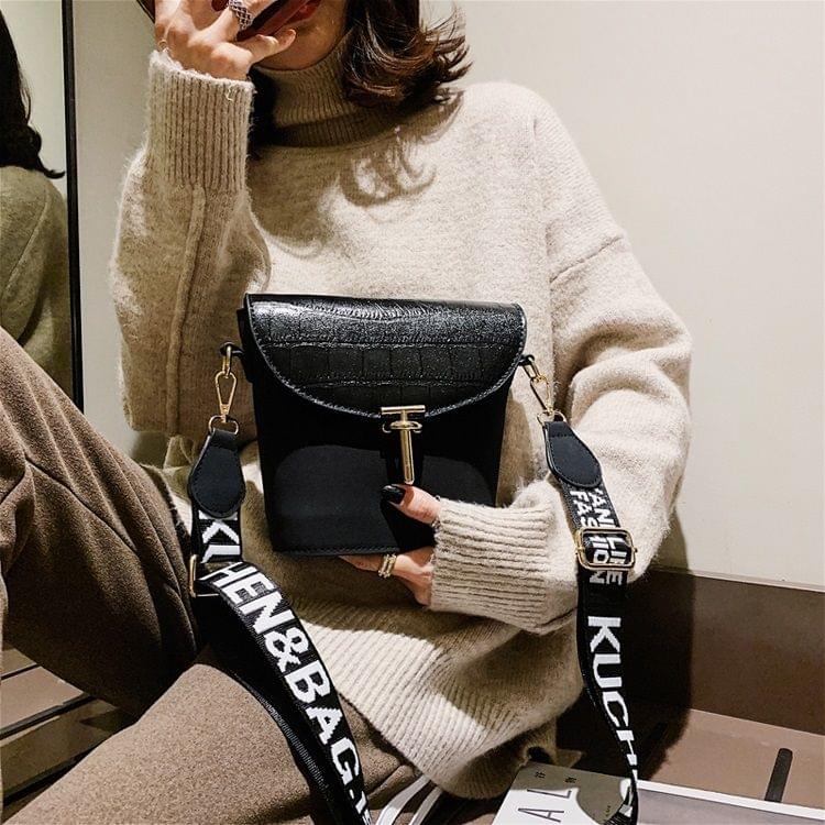 Crocodile Matte PU Bucket Bag Single Shoulder Bag Ladies Handbag Messenger Bag (Black)
