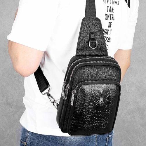 Embossed PU Leather Business Single Shoulder Bag Dual-layer Men Chest Bag (Black)