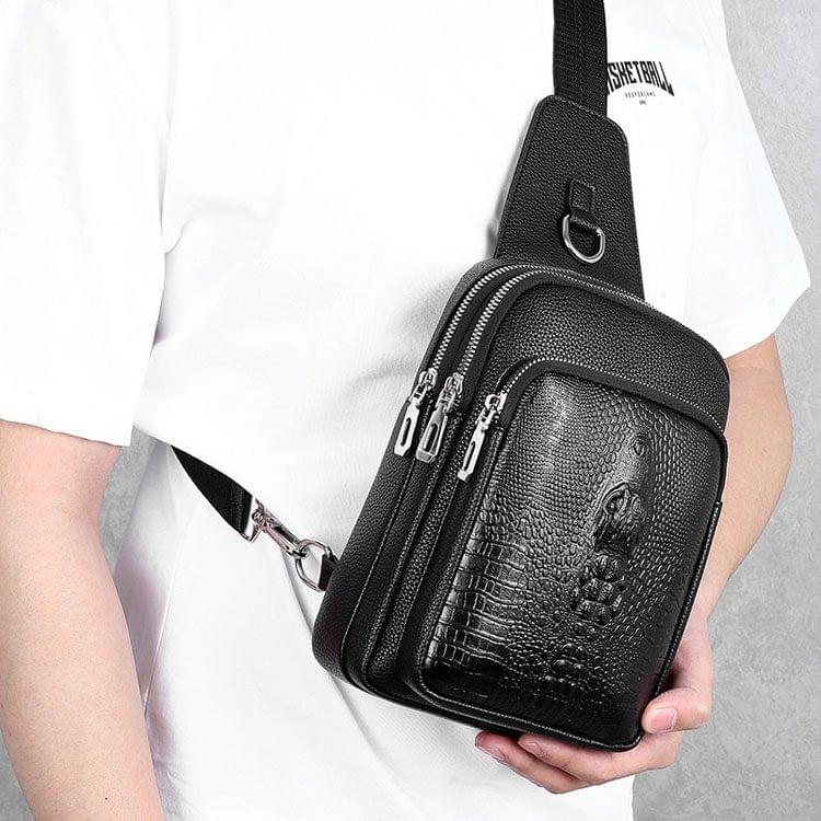 Embossed PU Leather Business Single Shoulder Bag Dual-layer Men Chest Bag (Black)