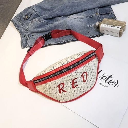 Fashion Weaving Straw Color Letter PU Single Shoulder Bag Zipper Messenger Bag Waist Sports Chest Pockets Bag (Red)