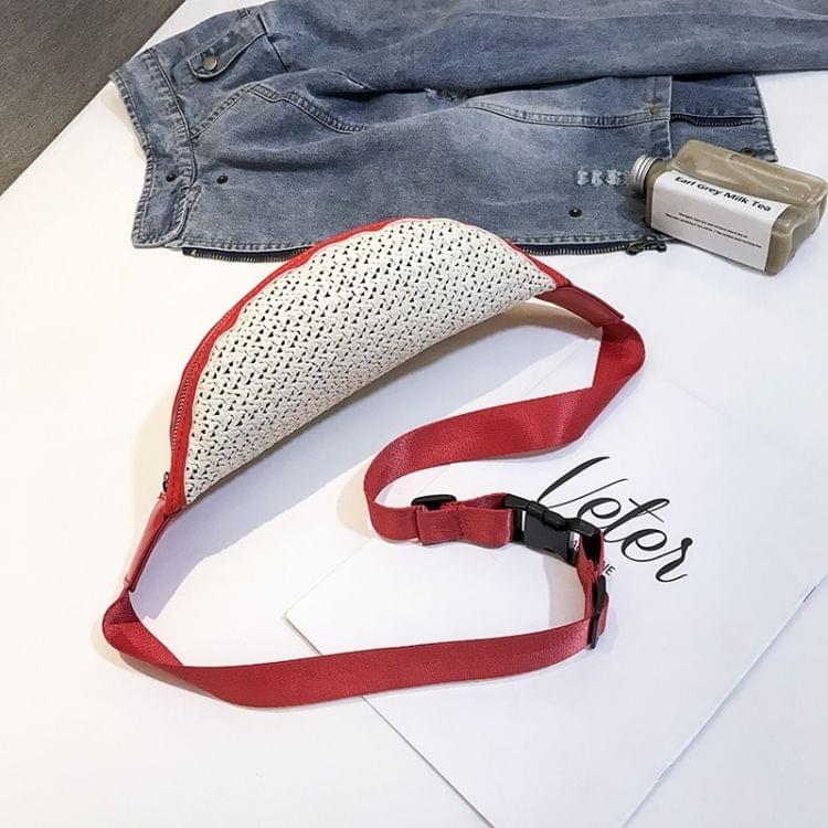 Fashion Weaving Straw Color Letter PU Single Shoulder Bag Zipper Messenger Bag Waist Sports Chest Pockets Bag (Red)